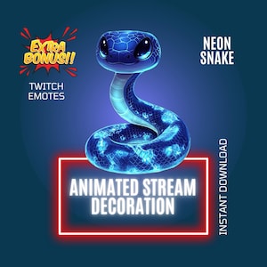 Puede incluir: Emote de Twitch de serpiente azul neón animada. La serpiente está enroscada con la cabeza mirando hacia adelante. El texto "NEON SNAKE" está en la esquina superior derecha de la imagen. El texto "ANIMATED STREAM DECORATION" está en un cuadro rojo en el centro de la imagen. El texto "INSTANT DOWNLOAD" está en el lado derecho de la imagen.
