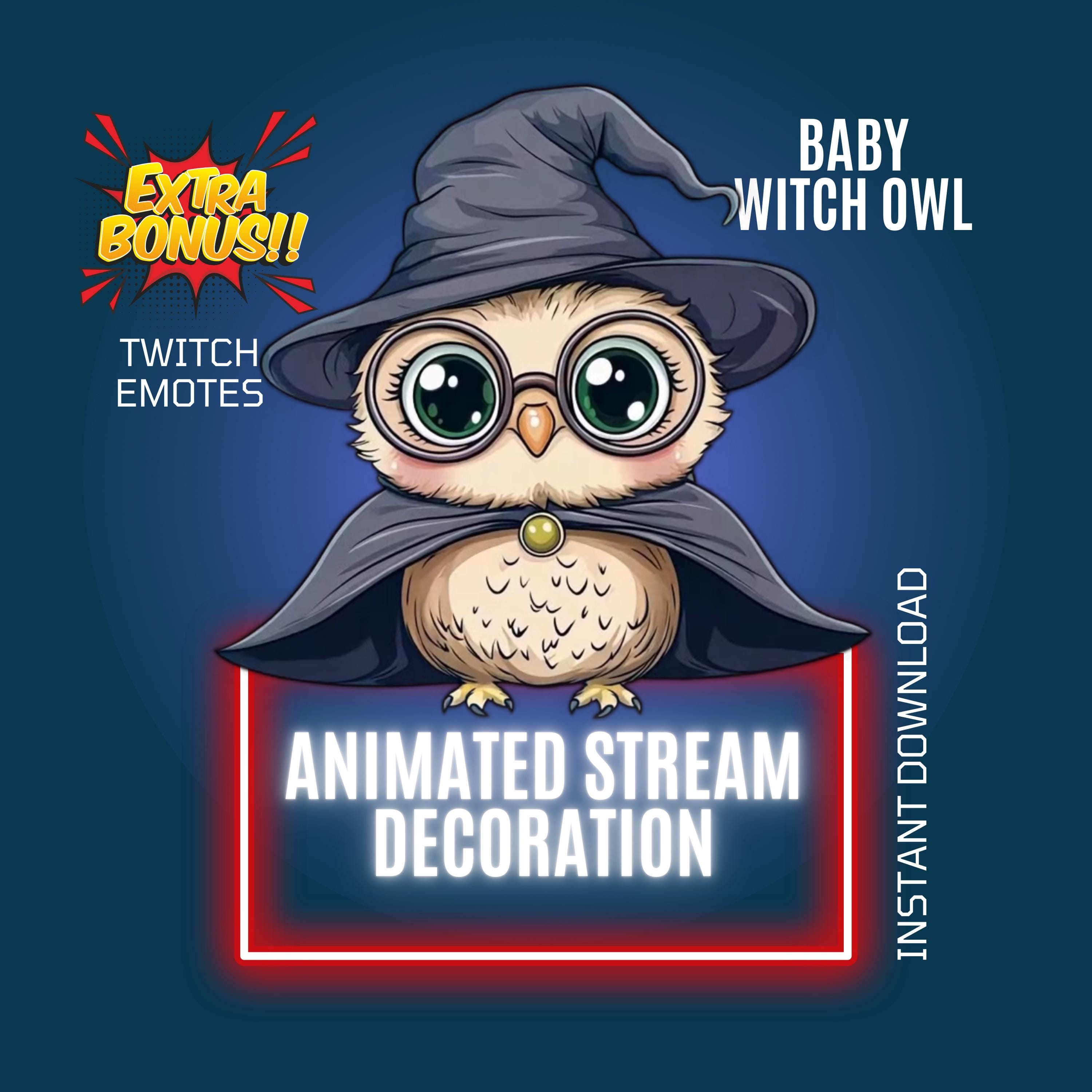 Baby Witch Owl Twitch Stream Animated Decoration, Kawaii Overlay & Emote, Personalised Alert (Di