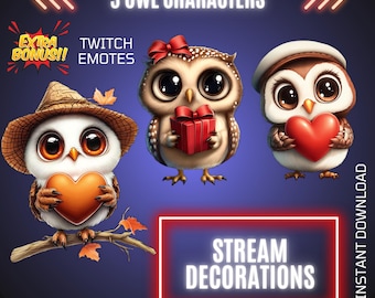 3 Animated Owls Twitch Stream Decors, WEBM Overlays & GIF Emotes Bundle, Kawaii Stream Graphics