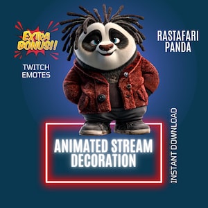Könnte beinhalten: Ein Cartoon-Panda mit Dreadlocks, der eine rote Jacke und eine graue Hose trägt. Der Text enthält "EXTRA BONUS!!" und "TWITCH EMOTES" in Gelb sowie "RASTAFARI PANDA" in Weiß. Die Worte "ANIMATED STREAM DECORATION" stehen in einem rot umrandeten weißen Kasten.