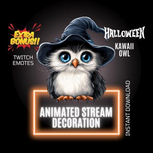 May include: Animated Halloween Twitch emote featuring a cute cartoon owl wearing a witch's hat. The owl is holding a sign that says "Animated Stream Decoration".