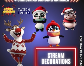 4 Christmas Dancing Animals Twitch Stream Animated Decorations, Kawaii Overlays & Emotes Bundle, Stream Graphics
