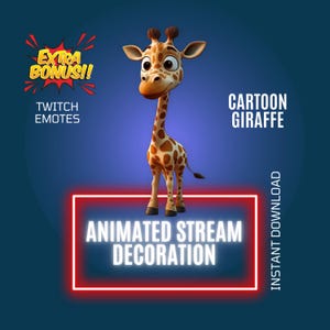 Può includere: Giraffa di cartone animato animata con un motivo a macchie marroni e gialle. La giraffa è in piedi su un cartello al neon rosso che dice "Animated Stream Decoration". Il testo "Cartoon Giraffe" è in bianco su sfondo blu. Il testo "Extra Bonus!!" è in giallo su sfondo rosso con raggi bianchi. Il testo "Twitch Emotes" è in bianco su sfondo blu. Il testo "Instant Download" è in bianco su sfondo blu.