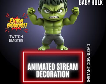 Animated Baby Hulk Twitch Gaming Stream Decor, Superhero Overlay & Emote, Stream Graphics (Digital Download)