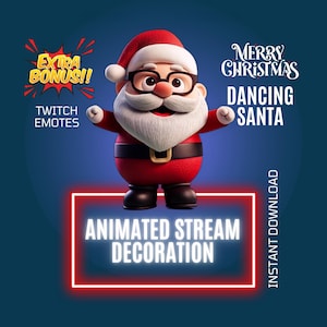 Könnte beinhalten: Animierter Weihnachtsmann-Twitch-Emote mit dem Text "Frohe Weihnachten Tanzender Weihnachtsmann" und "Animierte Stream-Dekoration" in einem roten Neonrahmen. Der Text "Extra Bonus! Twitch Emotes" befindet sich in einer gelben Sprechblase.