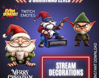3 Animated Christmas Elves Twitch Stream Decors, Holiday Overlays & Emotes Bundle, Xmas Stream Graphics