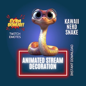 Może przedstawiać: Animowana emotka Twitch Kawaii Nerd Snake. Wąż nosi okulary i ma uroczy wyraz twarzy. Tekst "Extra Bonus!" znajduje się w dymku nad wężem. Tekst "Twitch Emotes" znajduje się pod wężem. Tekst "Kawaii Nerd Snake" znajduje się w prawym górnym rogu obrazu. Tekst "Animated Stream Decoration" znajduje się w czerwonym neonowym polu w środku obrazu. Tekst "Instant Download" znajduje się w prawym dolnym rogu obrazu.