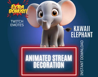 Decoración animada de elefante para Twitch Adventure, paquete de superposiciones y gestos kawaii, gráficos para streaming (descarga digital)