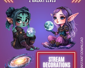 2 Galaxy Elves, Twitch Occult Streams Animated Stream Decors, Astrology Overlays Bundle (Digital Download)