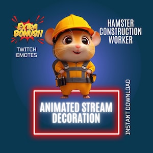 Hamster Construction Worker DIY Stream Decoration, Twitch Animated Overlay, Cute Animated Emote, Cartoon Hamster Stream Companion