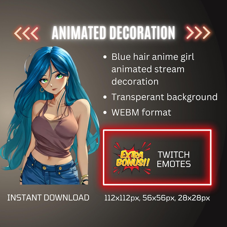 Animated Anime Blue Hair Girl Twitch Stream Decor, Sexy Manga Overlay ...