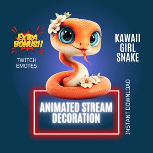Könnte beinhalten: Animiertes Twitch-Emote mit einer kawaii-Mädchenschlange mit großen blauen Augen, einer rosa Zunge und einer Blumenkrone. Der Text "Kawaii Girl Snake" und "Animated Stream Decoration" ist im Bild sichtbar.