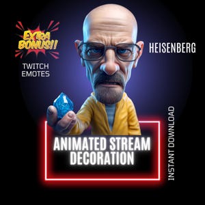 May include: Animated Twitch emote featuring a cartoon character resembling Walter White from the TV show Breaking Bad. The character is wearing a yellow jumpsuit and holding a blue gemstone. The text "HEISENBERG" is in the upper right corner of the image. The text "EXTRA BONUS!!" is in the upper left corner of the image. The text "TWITCH EMOTES" is below the text "EXTRA BONUS!!". The text "ANIMATED STREAM DECORATION" is in the center of the image. The text "INSTANT DOWNLOAD" is in the lower right corner of the image.