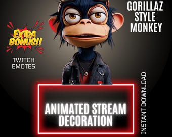 Animated Gorillaz Style Monkey, Twitch Music Stream Decor, Overlay & Emote, Personalised Alert, Stream Graphics