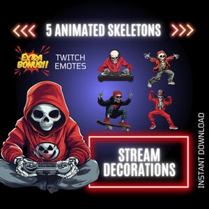 5 Halloween Skeleton Stream Decorations, Animated Overlays, Twitch Emote, Twitch Live Stream Overlays, OBS, Infinity Loop Skeleton Overlays