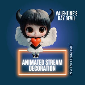 Może przedstawiać: Animowany diabeł Walentynkowy z czerwonymi rogami, czarnymi włosami i skrzydłami anioła trzymający czerwone serce. W obrazie widoczny jest tekst "Valentine's Day Devil" i "Animated Stream Decoration".