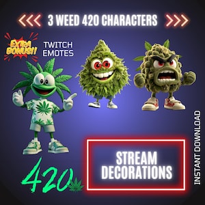 Puede incluir: Ilustración digital de tres personajes de cannabis animados con expresiones distintas. La imagen incluye texto que dice "3 WEED 420 CHARACTERS", "EXTRA BONUS!! TWITCH EMOTES", "420", "STREAM DECORATIONS" e "INSTANT DOWNLOAD".