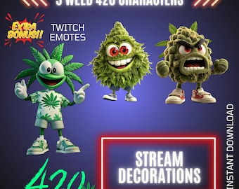 3 Weed 420 Twitch Stream Animated Decorations, Twitch 420 Animated Emotes, Animated Weed Characters Overlays Bundle (Digital Download)