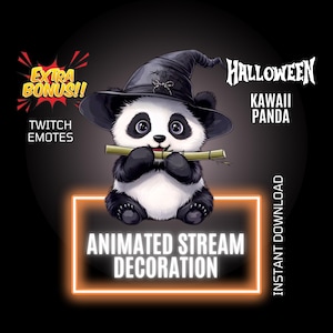 May include: Animated Halloween Twitch stream decoration featuring a cute panda wearing a witch hat and playing a flute. The text "Kawaii Panda" and "Instant Download" are also included.