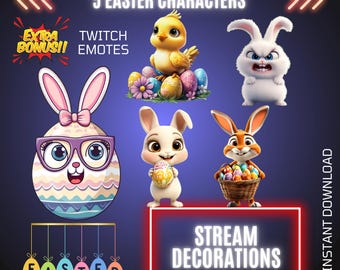 5 Easter Characters Twitch Stream Animated Decorations, Kawaii Overlays & Emotes Bundle, WEBM (Digital Download)