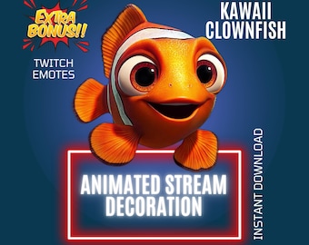 Decoración animada de pez payaso para Twitch, paquete de superposiciones y gestos kawaii, gráficos para streaming (descarga digital)