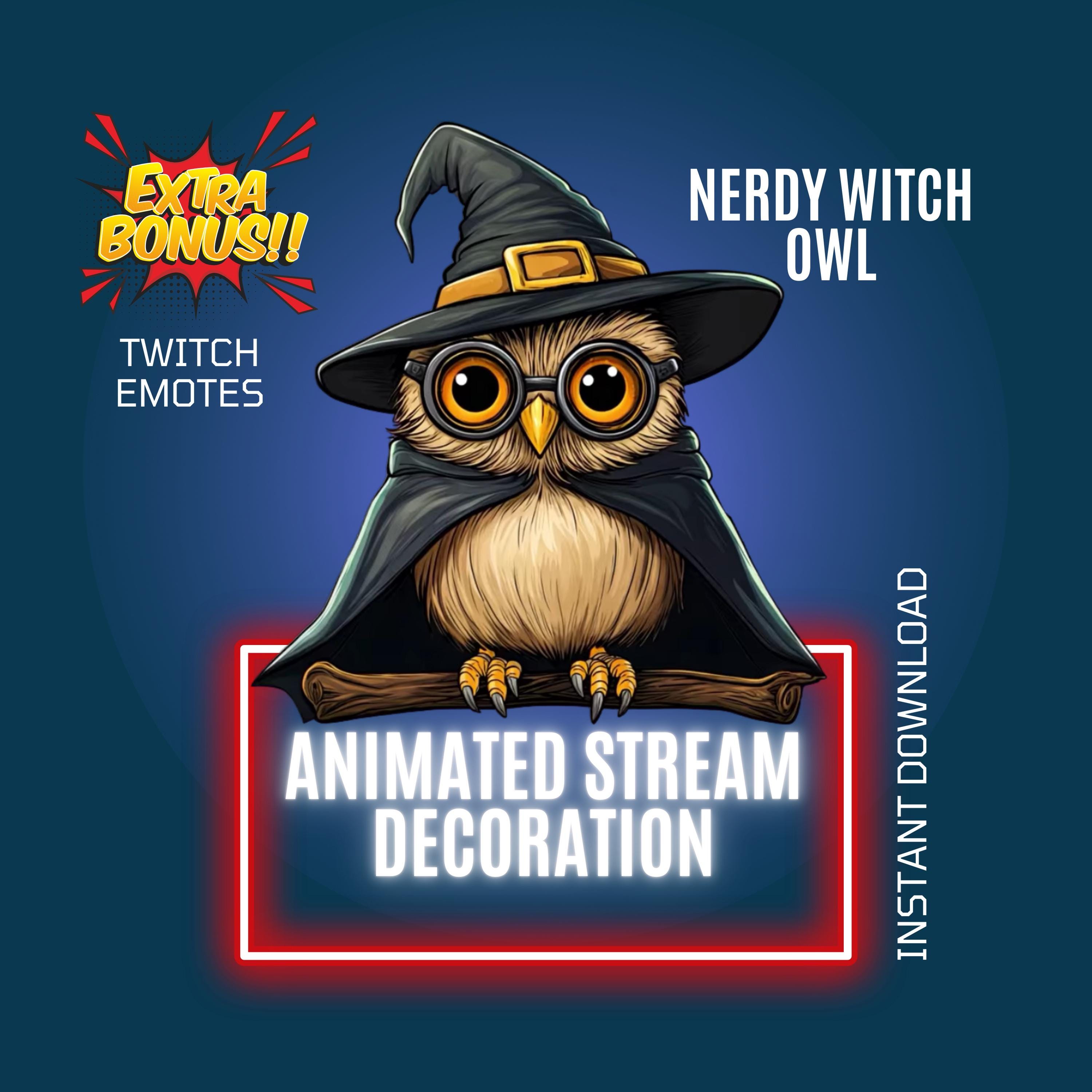 Halloween Witch Owl Twitch Stream Animated Decor, Kawaii Overlay & Emote, Personalised Alert, St
