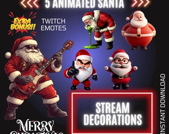 5 Animated Santa Twitch Christmas Stream Decors, Xmas Overlays & Emotes Bundle, Holiday Stream Graphics