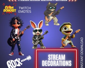 4 Rock Guitar Players, Twitch Music Stream Animated Decors, Overlays & Emotes Bundle, Stream Graphics