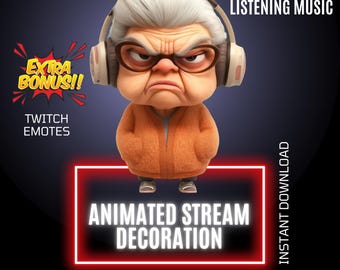 Animated Grumpy Granny Twitch Music Stream Decor, Funny Overlay & Emote, Stream Graphics (Digital Download)