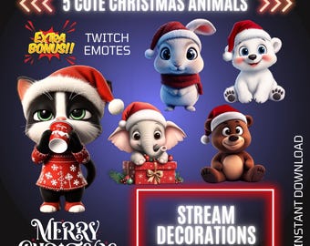 5 Animated Christmas Animals Twitch Stream Decors, Kawaii Xmas Overlays & Emotes Bundle, Stream Graphics