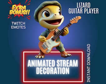 Animated Lizard Guitar Player, Twitch Music Stream Decor, Overlay & Emote, Personalised Alert, Stream Graphics