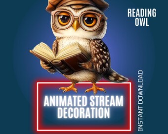 Decoración animada de Twitch con búho leyendo, superposición educativa para transmisiones, gráficos para transmisiones, WEBM (descarga digital)
