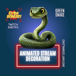 Zielony animowany kreskówkowy wąż dekoracja strumienia, animowana nakładka Twitch, animowana emotka Twitch, konfiguracja strumienia Twitch, towarzysz strumienia Snake
