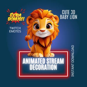 Cute 3D Baby Lion Stream Decoration, Kawaii Twitch Animated Overlay, Twitch Animated Emote, Twitch Stream Alert, Baby Lion Stream Companion