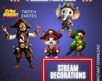 4- Member Pirate Crew, Twitch Adventure Stream Animated Decors, Overlays & Emotes Bundle, Stream Graphics