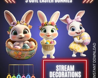 3 Easter Bunnies Twitch Stream Animated Decorations, WEBM, Kawaii Animated Overlays Bundle (Digital Download)