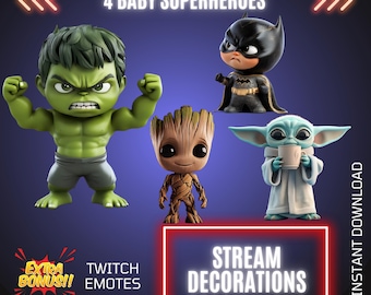 4 Baby Superheroes Twitch Stream Animated Decors, Gaming Overlays & Emotes Bundle, Stream Graphics