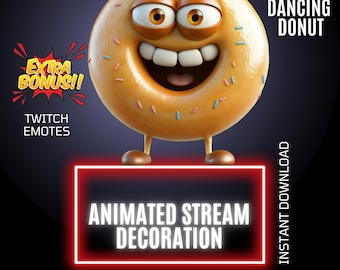 Animated Dancing Donut, Twitch Cooking Stream Decor, Funny Overlay & Emote Bundle, Stream Graphics