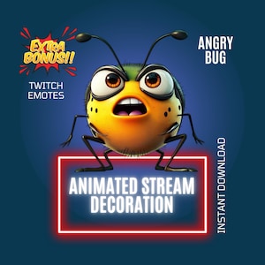 Decoración de transmisión de dibujos animados de insectos enojados, superposición animada de Twitch, emoticón animado divertido de Twitch, configuración de transmisión de Twitch, compañero de transmisión de insectos enojados