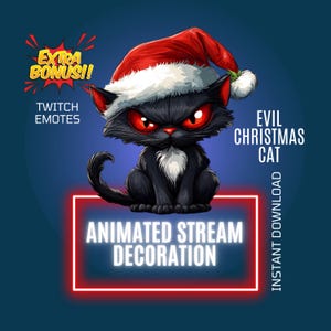 Christmas Black Evil Cat Twitch Stream Decoration, Animated Cat Twitch Overlay, Black Cat Animated Twitch Emote, Xmas Cat Stream Companion