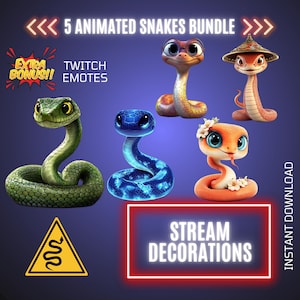 Puede incluir: Imagen digital con cinco emotes de serpiente animadas en varios colores. El texto incluye "5 ANIMATED SNAKES BUNDLE", "Twitch Emotes" y "Stream Decorations". El fondo es un degradado de púrpura y azul.