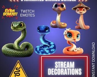 5 Animated Snakes Twitch Stream Decors, Overlays & Emotes Bundle, Stream Graphics  (Digital Download)