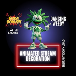 Decorazione flusso erbaccia danzante, sovrapposizione animata Twitch, emote animata Twitch, sovrapposizione animata cartone animato, configurazione divertente flusso Twitch
