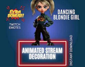 Animated Dancing Girl, Twitch Teen Music Stream Decor, Overlay & Emote Bundle, Stream Graphics