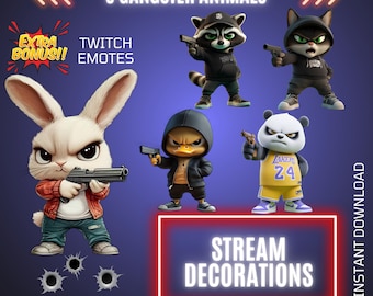 5 Gangster Animals, Gaming Twitch Stream Animated Decorations, Thug Overlays & Emotes Bundle(Digital Download)