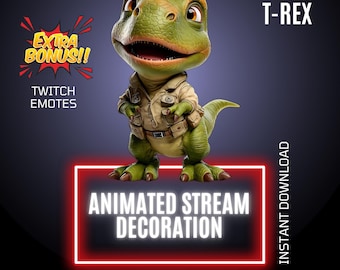 T Rex Twitch Adventure Stream Animated Decor, Dino Overlay & Emote, Stream Graphics (Digital Download)