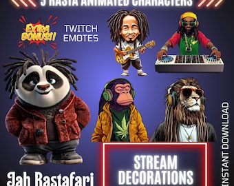 Animated Rasta Characters, Twitch Reggae Music Stream Decors, Caribbean Overlays & Emotes Bundle, Stream Graphics