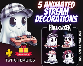 Op de afbeelding: Vijf geanimeerde Halloween-streamdecoraties met een schattig spookpersonage in verschillende poses. Het spook draagt een zwart-wit geruite hoed en houdt een videogamecontroller vast, rijdt op een skateboard, eet pizza, speelt een draaitafel en draagt een koptelefoon. De tekst "Halloween" wordt weergegeven in rode letters op een zwarte achtergrond. De tekst "Direct downloaden" wordt weergegeven in witte letters op een zwarte achtergrond. De tekst "5 geanimeerde streamdecoraties" wordt weergegeven in witte letters op een rode achtergrond. De tekst "Twitch Emotes" wordt weergegeven in witte letters op een zwarte achtergrond. De tekst "Extra bonus" wordt weergegeven in witte letters op een rode achtergrond.
