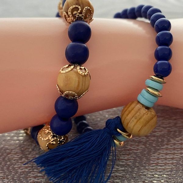 2pc.Handmade Bohemian Wooden Bead Bracelet with Tassel Pendant