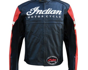 Men's Indian Motorcycle BLACK & RED Leather Jacket with CE Protection Pockets